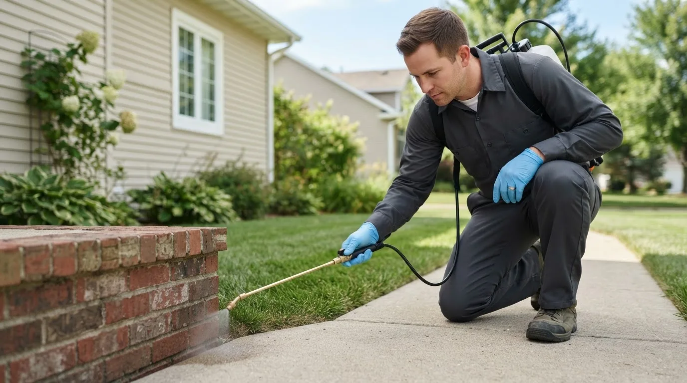 Pest control technician treating a home near Bellevue, OH