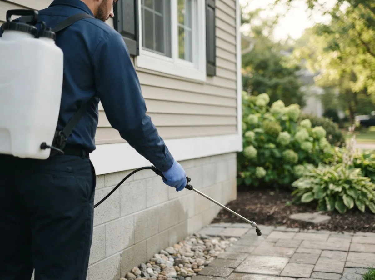 Pest control technician inspecting a home in Bellevue, OH